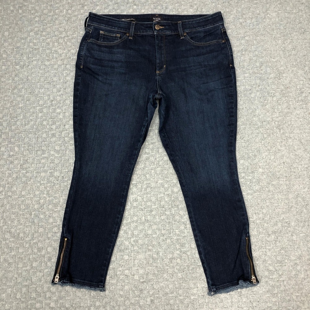 NYDJ Ami Skinny Ankle Jeans Womens 16P Dark Blue Zip Ankle Frayed Hem Stretch